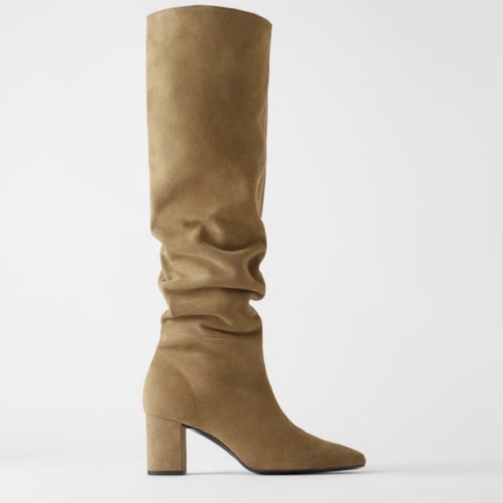 Zara Blogger Favorite Suede Knee High Tan Slouchy High Heel Boots Size 40